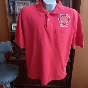 Vintage Mens Polo Shirt XL 80s EMBROIDERED FIRE DEPT POLO TENNIS COLLAR RED